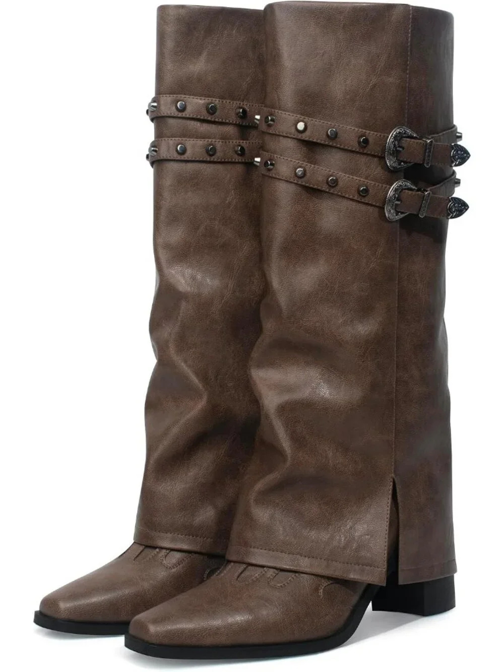 Women's Dark Brown Pointed Toe Block Mid Heel Fold Over Wide Calf Knee High Boot